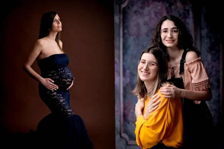 Femme enceinte en studio photo et deux jeunes femmes